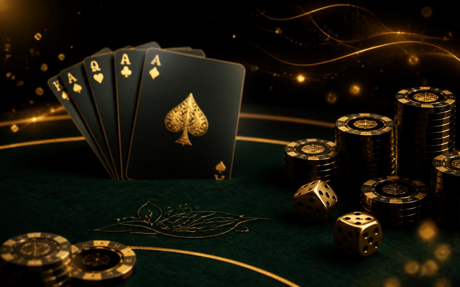 Premium golden casino table with cards, chips and dice